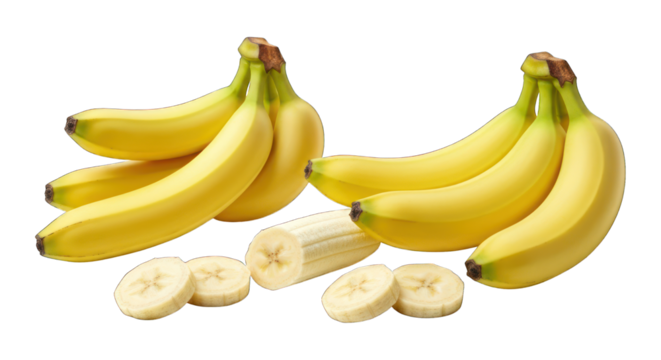 Two bunches of bananas with cut slices; clear background
