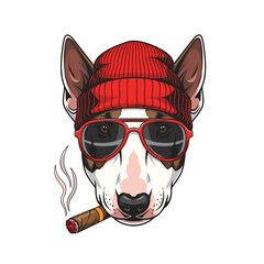 A cool dog wearing a red beanie, sunglasses, and smoking a cigar.