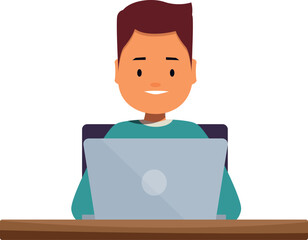 Smiling young man using laptop, working or studying from home or office