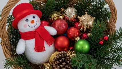 Festive Christmas decorations with a snowman, ornaments, pinecones, and greenery in a wicker basket. Celebratory holiday display.