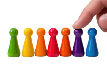 Colorful game pieces lined up in a row with a finger about to touch the purple one, showcasing playful arrangements on a bright background