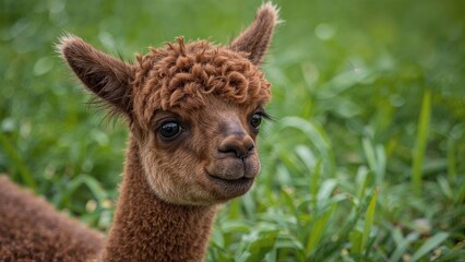 Fototapeta premium A cute brown alpaca with curly fur in a green grassy field.