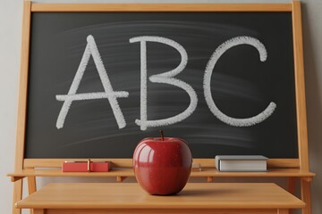 Red apple and books on a wooden desk in front of a blackboard with ABC written in chalk fruit food