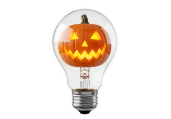 Carved pumpkin jack-o'-lantern with classic face inside clear light bulb, warm orange glow illuminated, isolated on white or transparent background. PNG