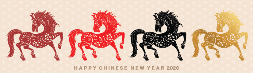 Happy chinese new year 2026 the horse zodiac sign with flower,lantern,asian elements red paper cut style on color background. ( Translation : happy new year 2026 year of the horse )