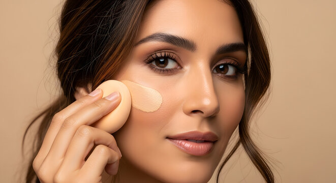 Young woman skillfully applying liquid foundation with a beauty blender for a flawless complexion and smooth skin finish