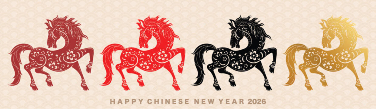 Happy chinese new year 2026 the horse zodiac sign with flower,lantern,asian elements red paper cut style on color background. ( Translation : happy new year 2026 year of the horse )