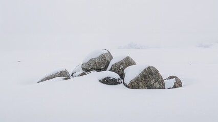 A cluster of rocks partially covered in snow on a snowy landscape.