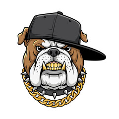 Cartoon bulldog head wearing a black baseball cap and a gold chain collar.