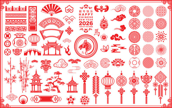 Happy chinese new year 2026 the horse zodiac sign with flower,lantern,asian elements red paper cut style on color background. ( Translation : happy new year 2026 year of the horse )