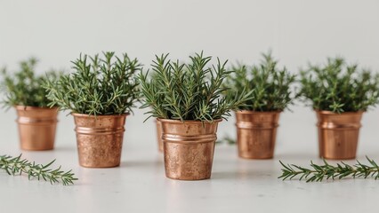 Obraz premium Several small potted rosemary plants arranged on a white surface with some sprigs scattered around.
