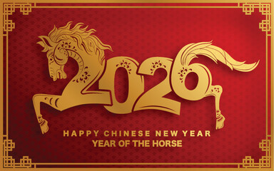 Happy chinese new year 2026 the horse zodiac sign with flower,lantern,asian elements red paper cut style on color background. ( Translation : happy new year 2026 year of the horse )