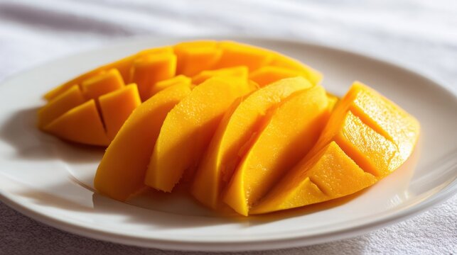 sliced mango on white plate, juicy and fresh, soft natural light, minimalistic composition, textured background, vibrant orange tones, inviting