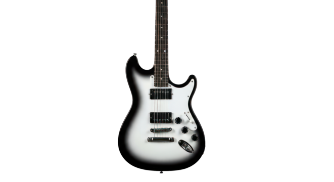 White electric guitar with dark edges, pickups, knobs against a black background