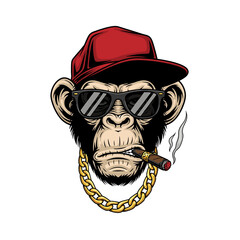 A cool chimpanzee wearing sunglasses, a cap, and smoking a cigar.