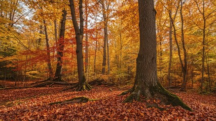 Obraz premium Autumn forest scene with fallen leaves and tall trees in warm fall colors.