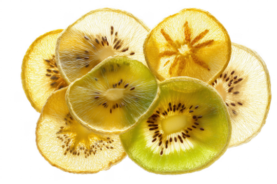 Sliced golden green kiwi fruit isolated on a transparent background