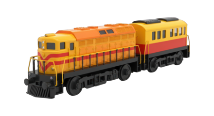 Yellow and orange train engine with passenger car on black background