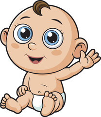 Adorable cartoon illustration of a chubby, smiling baby with bright blue eyes, sitting and waving hello, wearing a diaper, perfect for sweet and innocent childhood themes, isolated on white.