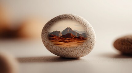 smooth round pebble with miniature desert landscape carved inside, surreal art photography, minimal warm background, cinematic focus