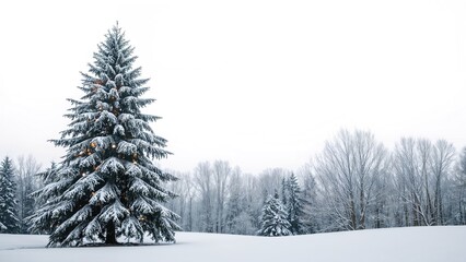 Fototapeta premium Snow-covered pine tree in a winter landscape with snow-covered ground and bare trees in the background. Cold, winter, nature scene.