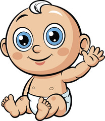 Adorable cartoon illustration of a chubby, smiling baby with bright blue eyes, sitting and waving hello, wearing a diaper, perfect for sweet and innocent childhood themes, isolated on white.