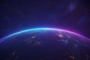 A Glimpse of the Cosmic Horizon Neon Light on a Distant, City-Speckled Planet in Deep Space