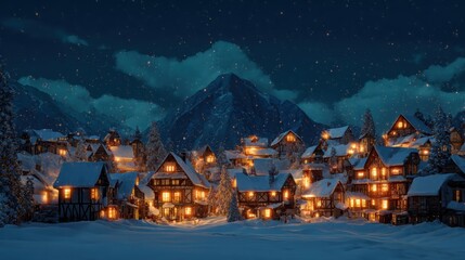 snowy village at night, warm glowing windows, cozy winter scene