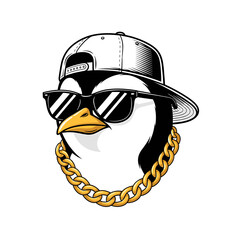 A cool penguin wearing sunglasses, a cap, and a gold chain, posing.