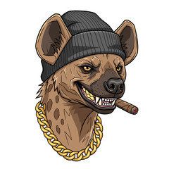 Cartoon hyena wearing a beanie, gold chain, and smoking a cigar.