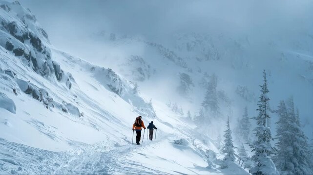Two hikers, one in an orange jacket and the other in blue, ascend a snowy mountain trail, showcasing determination and adventure, camera follows their journey