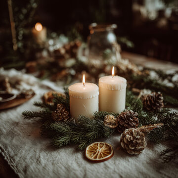 Second Advent Sunday &ndash; Two Candles Lit in Traditional Christmas Wreath with Citrus and Pinecones. AI generative.