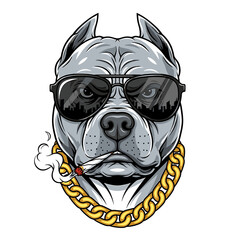 A stylized illustration of a cool dog wearing sunglasses and a gold chain, smoking.