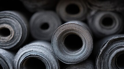 Close-up of a group of rolled up black fabric rolls. the rolls are tightly wound and appear to be made of a textured material.