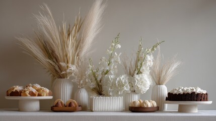 Table with a variety of decorative items on it. on the left side of the table, there are two white vases with dried grass stems in them.