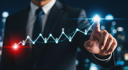 Businessman's Hand Guiding a Glowing Line Graph Towards a Peak of Success, Conceptual Image for Business Growth, Financial Investment, and Strategic Market Trend Analysis
