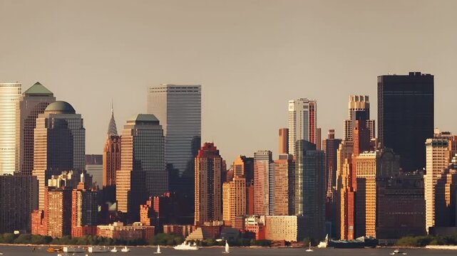 Aerial view of a city skyline during sunset, with skyscrapers and water bodies visible. The sky is clear with a gradient of colors.