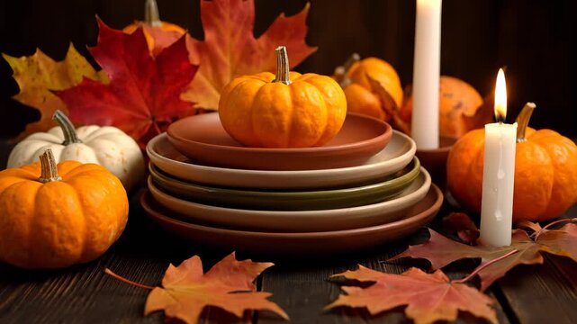 Autumn decoration with pumpkins and plates. Warm candlelight creates cozy atmosphere. Seasonal harvest displayed beautifully. Perfect for fall-themed projects.