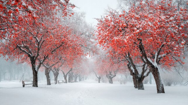 red berries snowy path winter park