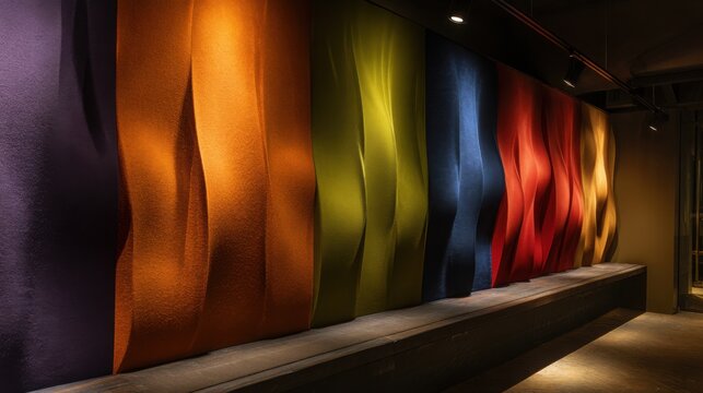 wall with 3D fabric panels in bold colors and textures, subtle LED backlighting, contemporary cozy interior