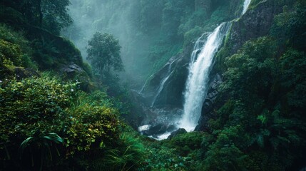 waterfall in lush green jungle, soft mist, vibrant vegetation, natural energy and freshness, cinematic composition