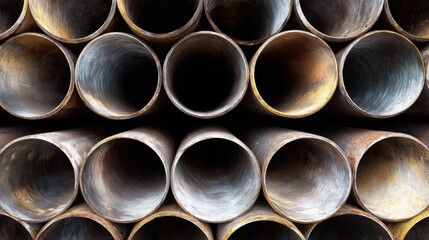Stack of multiple metal pipes stacked on top of each other. the pipes are of different sizes and shapes, with some being round and others being cylindrical.