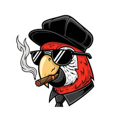 A cool parrot wearing sunglasses, a cap, and smoking a cigar.