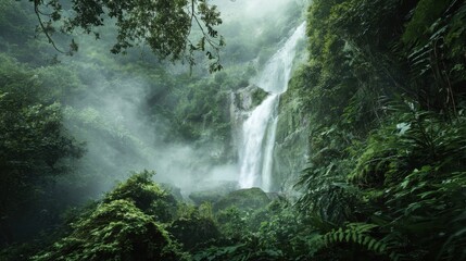 waterfall in lush green jungle, soft mist, vibrant vegetation, natural energy and freshness, cinematic composition