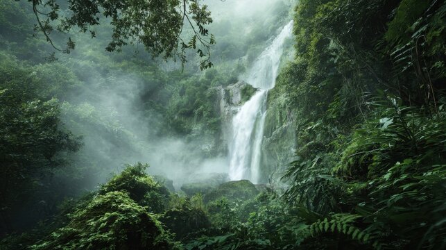 waterfall in lush green jungle, soft mist, vibrant vegetation, natural energy and freshness, cinematic composition