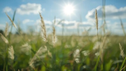 A rural landscape with tall grasses under a bright sun and a partly cloudy sky, captured during daylight.