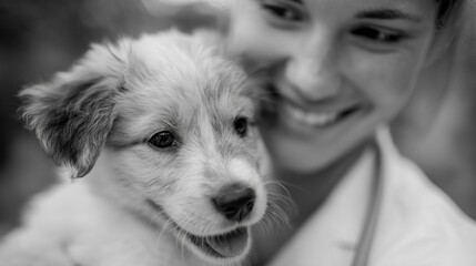Black and white photograph of a young woman holding a small puppy. the puppy is looking directly at the camera with its mouth slightly open, as if it is panting or panting.