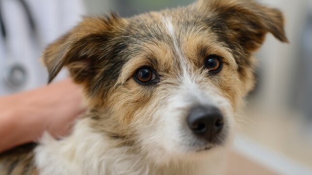 Close-up of a dog's face. the dog appears to be a mix breed, possibly a terrier or a similar breed. it has a brown and white coat with patches of white and black.