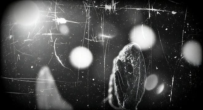 Vintage black and white microscope photograph with grainy texture and imperfections