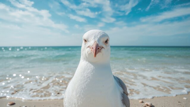 A seagull on the beach under a blue sky with clouds, close-up shot. Marine bird, coastal scene, and nature. The seagull at the shoreline. - Powered by Adobe